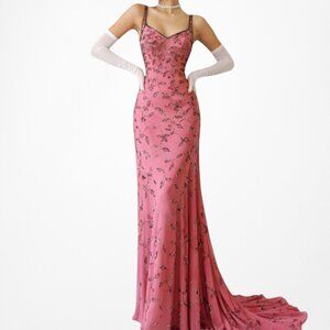 Vintage Y2K 90s Pink Floral Beaded Bodycon Maxi Formal Prom Dress Size S